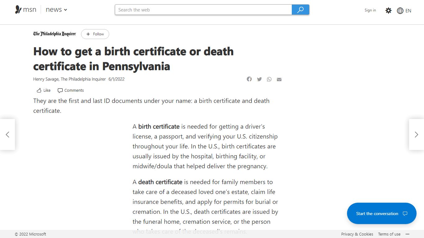 How to get a birth certificate or death certificate in Pennsylvania